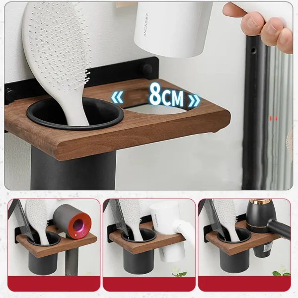 Bathroom Wall Mount Hair Dryer Holder, Hair Care and Styling Tool Organizer, Farmhouse Wooden Beauty Hair Appliance 2