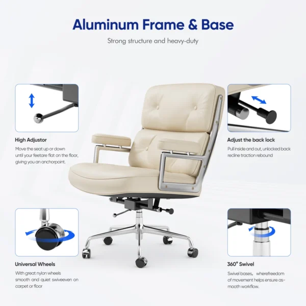 Genuine Leather Office Chair Lobby Computer Chairs Home and Office Chair with Aluminum Arms and Wheels White Brown Black Color 6