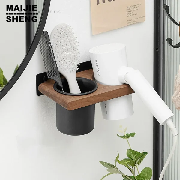 Bathroom Wall Mount Hair Dryer Holder, Hair Care and Styling Tool Organizer, Farmhouse Wooden Beauty Hair Appliance 1