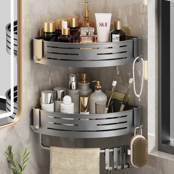 Bathroom Corner Shelf Wall Mounted Aluminum Organizer With Hook Towel Bar No Drill Shelves Storage Rack Bathroom Items Hardwares 1
