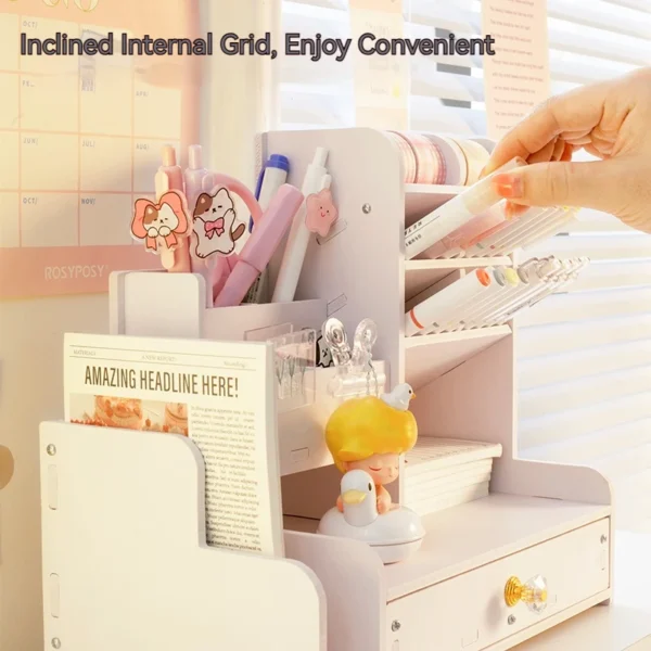 Mark Pen Pencil Holder Wooden Desk Organizers Shelves Accessories Desktop Stationery Organizer Bookshelf Home Office Storage Box 2